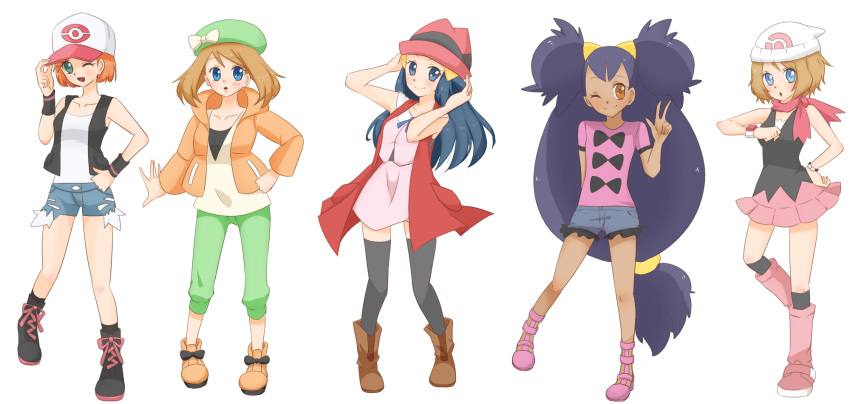 5girls :d ;d ;| aqua_eyes bag baseball_cap beanie bianca_(pokemon) bianca_(pokemon)_(cosplay) black_legwear black_vest black_wristband blonde_hair blue_eyes blue_hair blue_ribbon blue_shorts blush boots bow bow_print bracelet breasts brown_footwear brown_hair closed_mouth collarbone cosplay dark_skin dark-skinned_female hikari_(pokemon) hikari_(pokemon)_(cosplay) dress eyelashes frilled_shorts frills full_body green_headwear green_pants hair_ornament hairclip hand_on_hip hat hat_bow high_heels highres hilda_(pokemon) hilda_(pokemon)_(cosplay) holding holding_clothes holding_hat iris_(pokemon) jewelry long_hair long_sleeves looking_at_viewer looking_at_watch may_(pokemon) medium_hair miniskirt misty_(pokemon) multiple_girls neko19920311 one_eye_closed open_mouth orange_hair over-kneehighs pants pink_footwear pink_headwear pink_shirt pink_skirt pokemon pokemon_(anime) pokemon_(classic_anime) pokemon_(game) pokemon_bw pokemon_bw2 pokemon_bw_(anime) pokemon_dppt_(anime) pokemon_rse_(anime) pokemon_xy_(anime) purple_hair red_scarf ribbon scarf serena_(pokemon) serena_(pokemon)_(cosplay) shauna_(pokemon) shauna_(pokemon)_(cosplay) shirt shoes short_hair short_shorts shorts shoulder_bag sidelocks simple_background skirt sleeveless sleeveless_dress sleeveless_shirt smile standing thigh-highs tied_hair translation_request twintails very_long_hair vest white_background white_bow white_headwear white_shirt yellow_eyes zettai_ryouiki