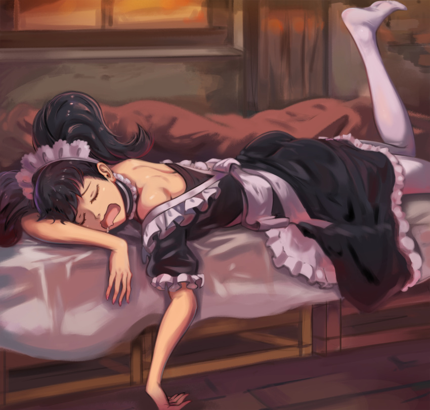 1girl absurdres apron bed_sheet black_hair black_shirt black_skirt closed_eyes drooling frilled_skirt frills highres kawakami_sadayo leg_up long_hair long_skirt lying maid on_bed on_stomach open_mouth panties pantyshot persona persona_5 shiny shiny_hair shirt short_sleeves shoulder_blades skirt solo toasty_scones twintails underwear white_apron white_legwear