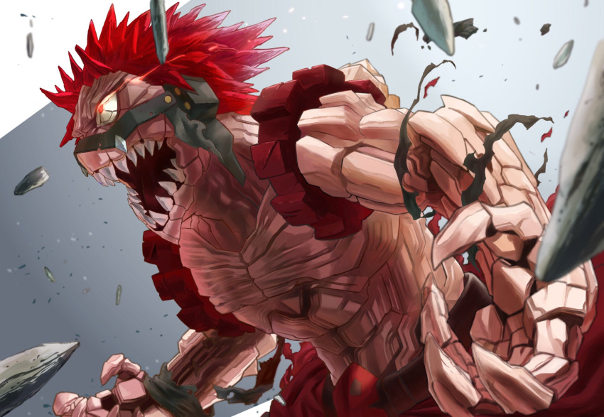 1boy 4o080_yotabnc action boku_no_hero_academia commentary_request glowing glowing_eyes grey_background highres kirishima_eijirou male_focus open_mouth red_eyes redhead sharp_teeth shirtless solo spiky_hair teeth torn_clothes two-tone_background white_background