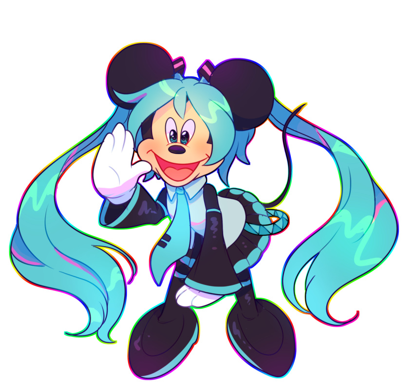 1boy animal animal_ears aqua_hair black_skirt black_sleeves blue_eyes blue_neckwear boots commentary cosplay crypton_future_media detached_sleeves disney full_body girly_boy gloves hair_ornament hatsune_miku hatsune_miku_(cosplay) high_heels leaning_forward long_hair looking_at_viewer mickey_mouse mickey_mouse_(series) mouse_boy mouse_ears mouse_tail necktie no_humans open_mouth rainbow_outline simple_background skirt solo strwbwwymlk tail thigh-highs thigh_boots transparent_background trap twintails very_long_hair vocaloid what white_background white_gloves