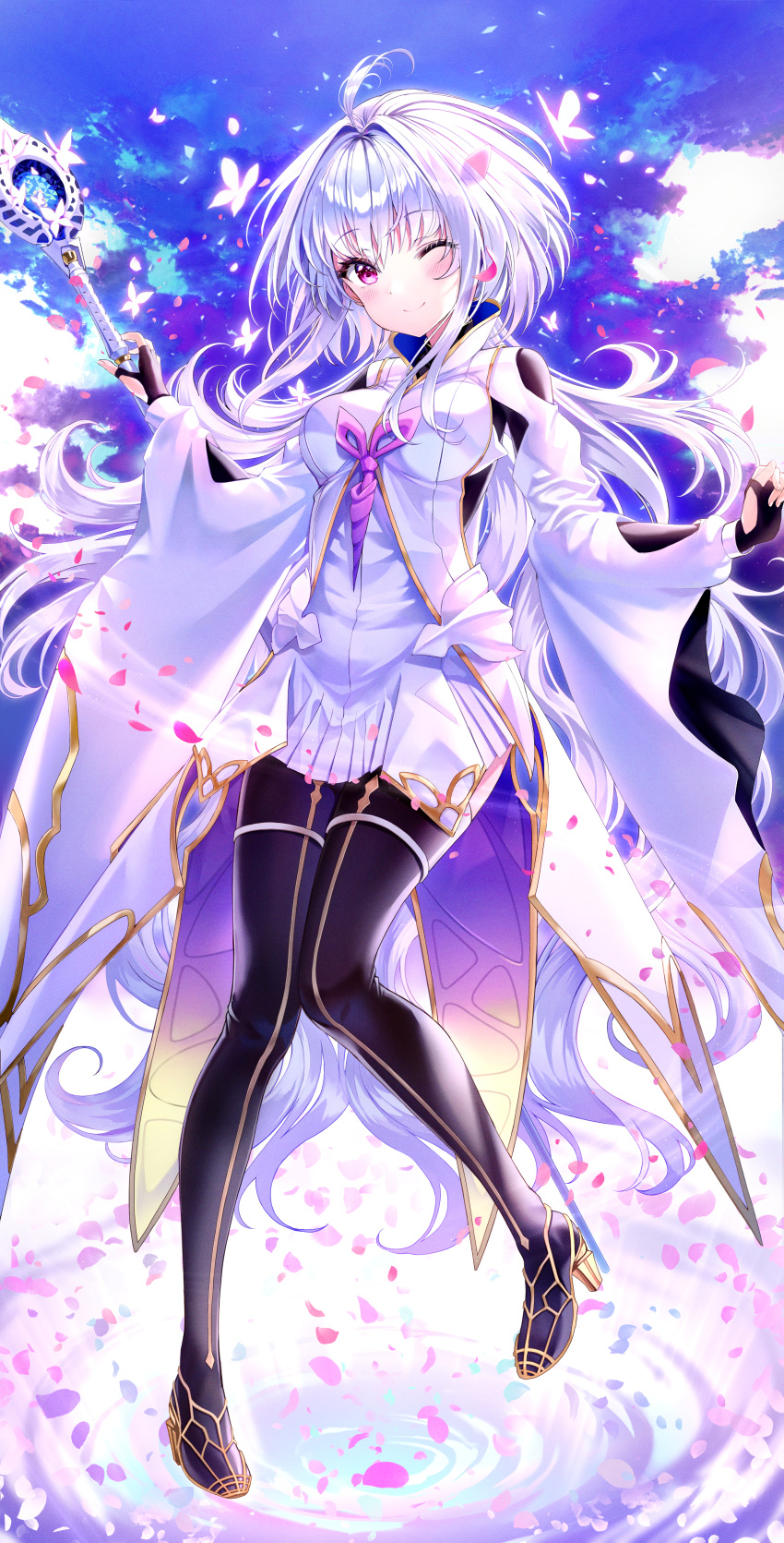 0v0_(l_seohui) 1girl absurdres ahoge black_pants blush boots breasts bug butterfly closed_mouth fate/grand_order fate_(series) fingerless_gloves full_body gloves glowing_butterfly high_heel_boots high_heels highres holding holding_staff huge_filesize insect long_hair long_sleeves looking_at_viewer medium_breasts merlin_(fate) merlin_(fate/prototype) one_eye_closed outdoors pants petals purple_hair smile solo staff very_long_hair violet_eyes white_hair wide_sleeves