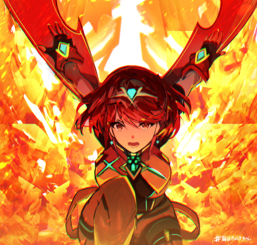 1girl absurdres bangs black_gloves breasts chest_jewel earrings fingerless_gloves fire gloves highres jewelry large_breasts leggings pyra_(xenoblade) red_eyes red_legwear red_shorts redhead short_hair short_shorts shorts super_smash_bros. swept_bangs tarbo_(exxxpiation) thigh-highs tiara xenoblade_chronicles_(series) xenoblade_chronicles_2