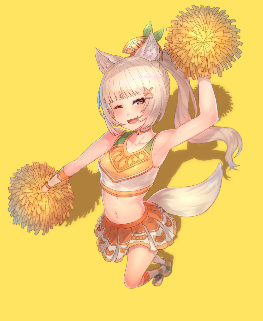 1girl :3 ;d animal_ear_fluff animal_ears ashes bangs bare_arms bare_shoulders blunt_bangs blurry cheerleader choker crop_top depth_of_field dog_ears dog_girl dog_tail fang foreshortening from_above hair_ornament hairclip high_ponytail highres king's_raid light_brown_hair long_hair looking_at_viewer midriff miniskirt navel no_bra one_eye_closed open_mouth orange_shirt pleated_skirt pom_poms shirt simple_background skin_tight skirt smile solo tail two-tone_shirt white_skirt x_hair_ornament yellow_background yu_mochi_(kamiinu)