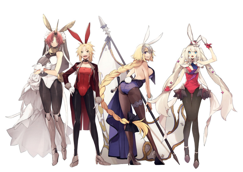 4girls animal_ears back backless_leotard bare_shoulders blonde_hair blue_eyes breasts bunny_tail choker eyebrows_visible_through_hair fate/grand_order fate_(series) frankenstein's_monster_(fate) full_body gloves green_eyes hair_over_eyes hand_on_hip high_heels highres holding holding_tray horns jacket jeanne_d'arc_(fate) jeanne_d'arc_(fate)_(all) large_breasts leotard long_hair long_sleeves looking_at_viewer marie_antoinette_(fate) mordred_(fate) mordred_(fate)_(all) multiple_girls no-kan pantyhose pink_hair playboy_bunny rabbit_ears simple_background single_horn sleeveless standing strapless strapless_leotard tail teeth thigh_strap tongue tray twintails very_long_hair violet_eyes white_background