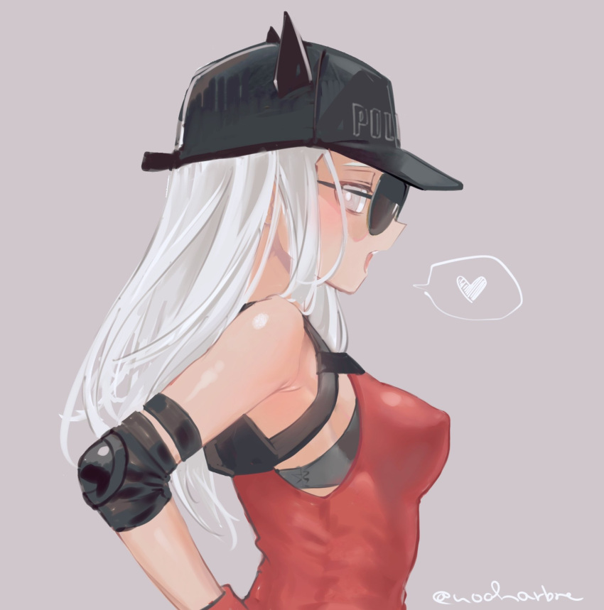 1girl black_headwear breasts commentary english_commentary grey_background grey_eyes hat heart helltaker highres justice_(helltaker) long_hair medium_breasts noaharbre open_mouth profile red_shirt shirt simple_background solo spoken_heart sunglasses twitter_username upper_body white_hair