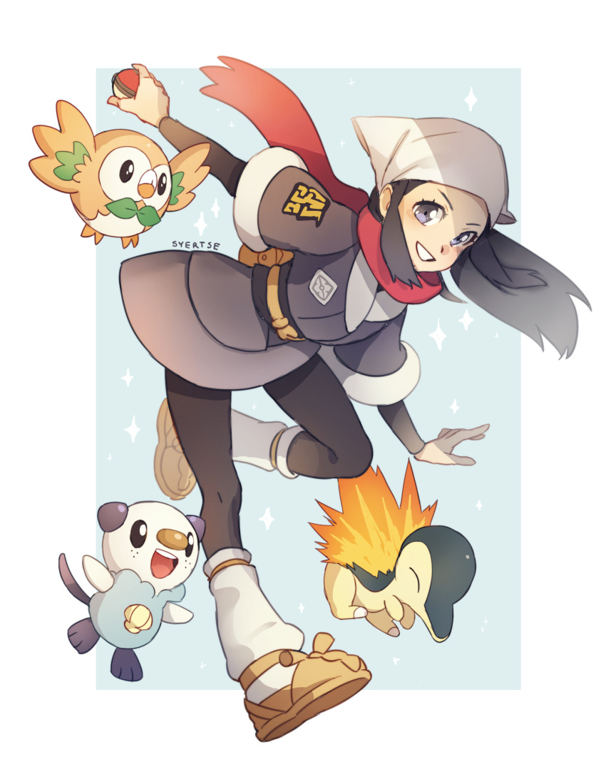 1girl artist_name black_hair blush commentary cyndaquil english_commentary eyelashes female_protagonist_(pokemon_legends:_arceus) floating_hair gen_2_pokemon gen_5_pokemon gen_7_pokemon grey_eyes head_scarf highres holding holding_poke_ball long_hair looking_at_viewer oshawott poke_ball poke_ball_(legends) pokemon pokemon_(creature) pokemon_(game) pokemon_legends:_arceus red_scarf rowlet sash scarf sidelocks smile socks starter_pokemon syertse white_legwear