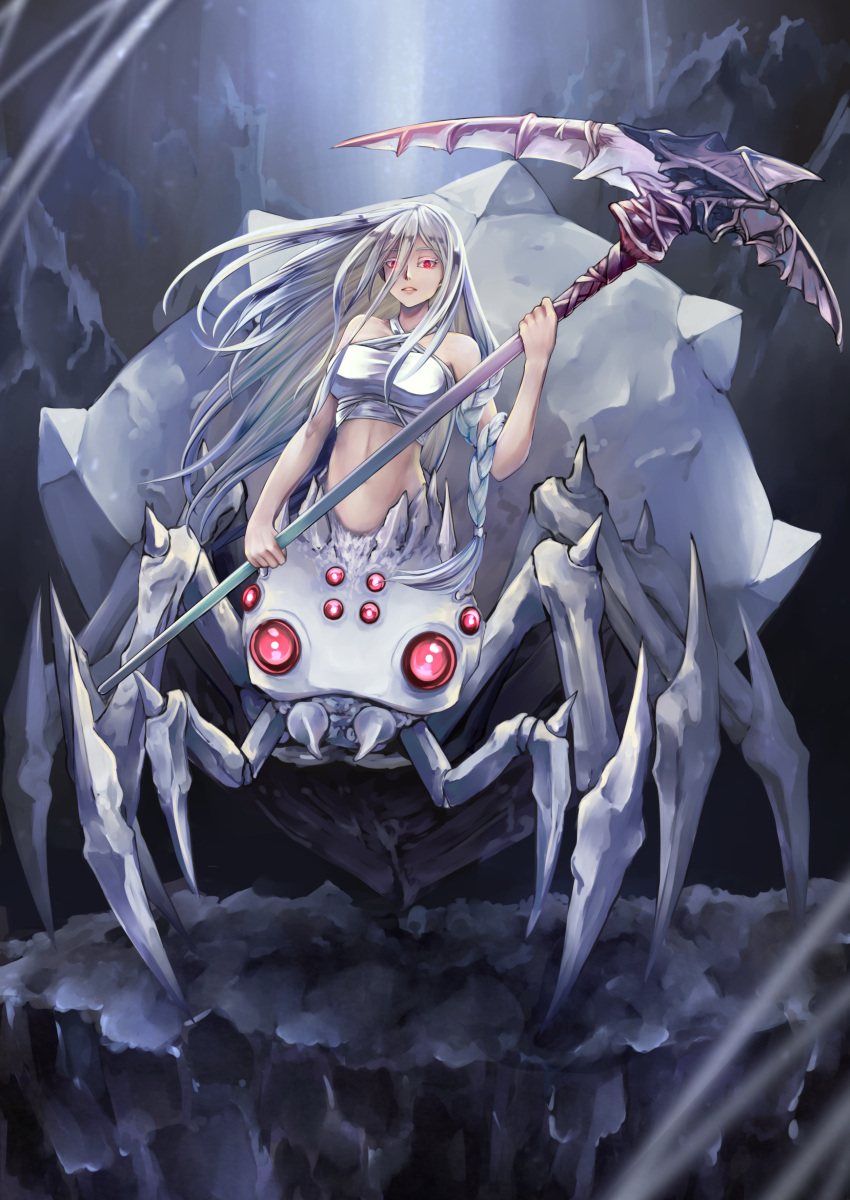 1girl absurdres aira_(qwedcxza49) arachne arthropod_legs bangs bare_shoulders braid breasts cave cave_interior commentary_request extra_eyes eyebrows_visible_through_hair floating_hair full_body glowing glowing_eyes hair_between_eyes hair_strand halter_top halterneck highres holding holding_scythe insect_girl kumo_desu_ga_nani_ka? kumoko_(kumo_desu_ga_nani_ka?) large_breasts long_hair looking_at_viewer midriff monster_girl navel parted_lips red_eyes scythe shadow sickle sidelocks silk single_braid solo spider_girl spoilers standing taut_clothes very_long_hair white_hair white_tubetop