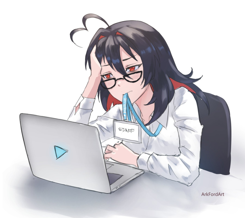 1girl ahoge ark_ford artist_name at_computer bags_under_eyes black-framed_eyewear black_hair chair colored_inner_hair computer desk dress_shirt enma-chan glasses hair_intakes hand_in_hair head_rest highres hololive hololive_english id_card lanyard laptop leaning_forward logo long_hair multicolored_hair office_lady red_eyes semicircular_eyewear shirt simple_background sitting solo two-tone_hair white_background white_shirt working