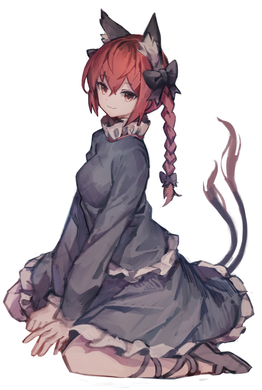 1girl :3 animal_ear_fluff animal_ears bangs black_bow black_footwear bow braid breasts cat_ears cat_tail closed_mouth crossed_bangs dress extra_ears eyebrows_visible_through_hair full_body green_dress hair_between_eyes hair_bow highres kaenbyou_rin long_hair long_sleeves looking_at_viewer medium_breasts multiple_tails nekomata petticoat red_eyes redhead simple_background sitting smile solo tail touhou twin_braids twintails two_tails wariza white_background yanyan_(shinken_gomi)