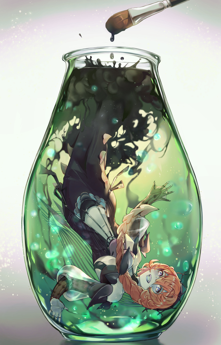 1girl blue_eyes blue_skin bottle braid brown_hair colored_skin dress fate/grand_order fate_(series) highres in_bottle in_container ink long_dress mentaikopan paintbrush upside-down van_gogh_(fate)