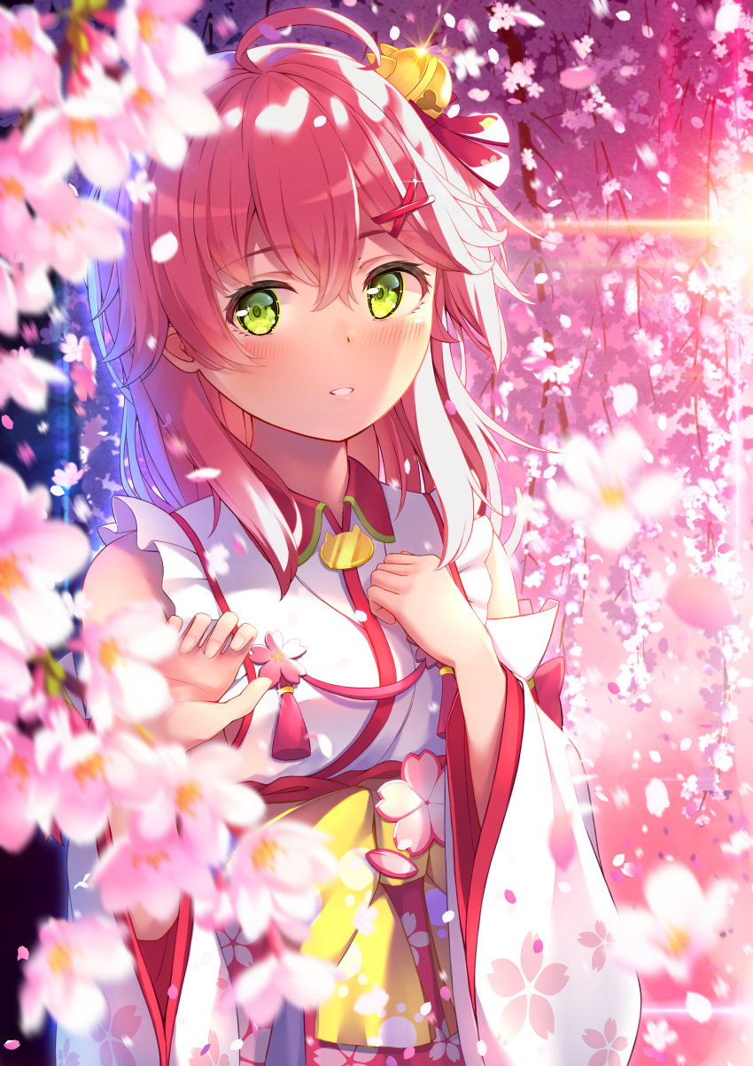 1girl absurdres ahoge bare_shoulders blush cherry_blossom_print cherry_blossoms detached_sleeves floral_print green_eyes hair_between_eyes hair_ornament hairclip highres hololive huge_filesize long_hair looking_at_viewer parted_lips petals pink_hair sakura_miko solo unwitherer upper_body virtual_youtuber wide_sleeves x_hair_ornament
