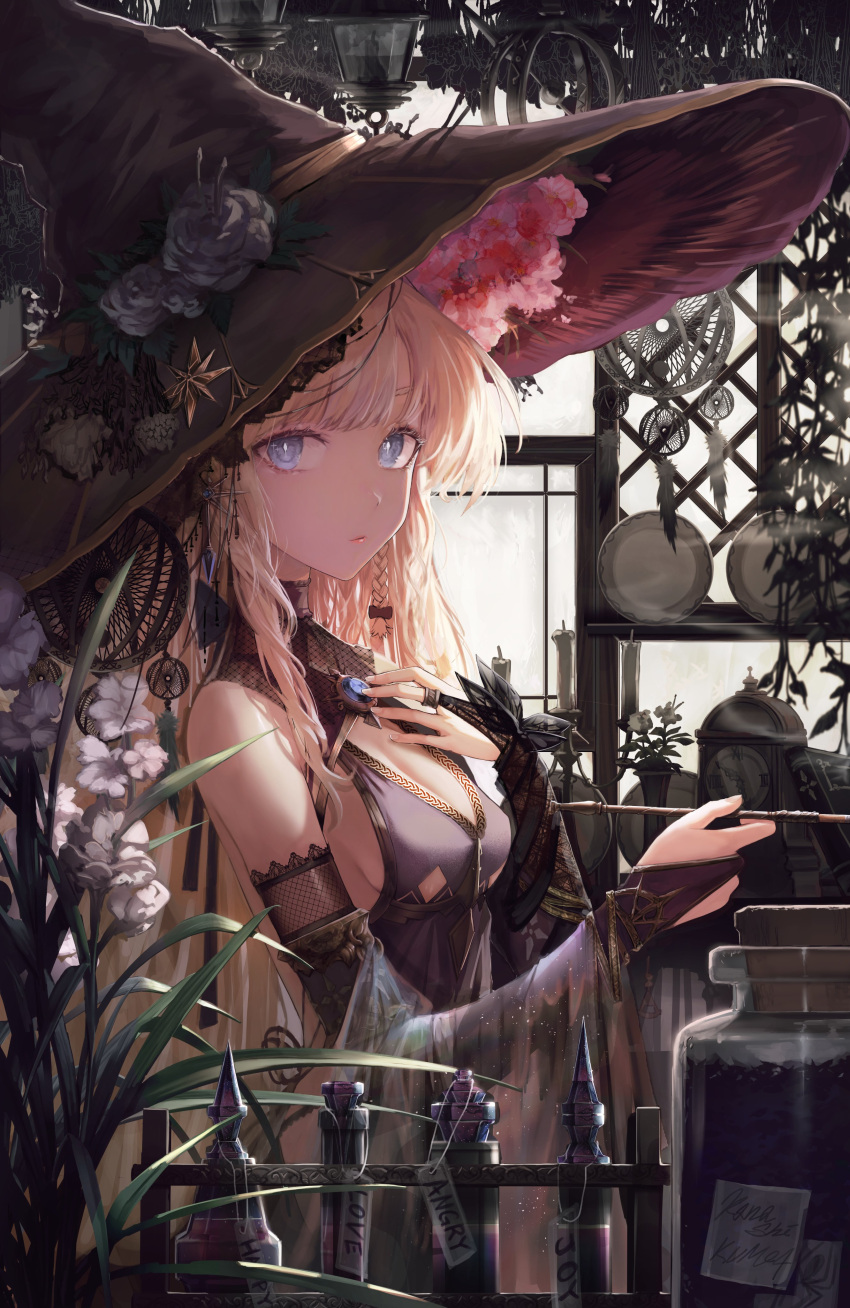 1girl absurdres bangs black_ribbon blonde_hair blue_eyes bottle braid breasts bridal_gauntlets flower from_side hair_ribbon hat highres huskk long_hair looking_at_viewer original pipe potion ribbon sideboob sidelocks small_breasts smoke solo sticky_note tag witch_hat