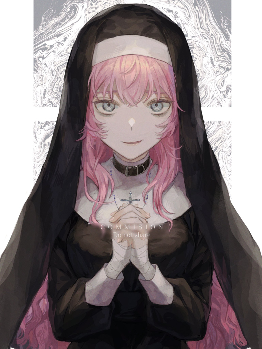 1girl @_@ abstract_background bandaged_hands bandages black_choker blue_eyes choker commission cross english_text fingernails hands_together highres holding holding_cross jewelry long_hair looking_at_viewer nanaju_ko necklace nun original parted_lips pink-haired_nun_(skeb) pink_hair praying skeb_commission smile solo