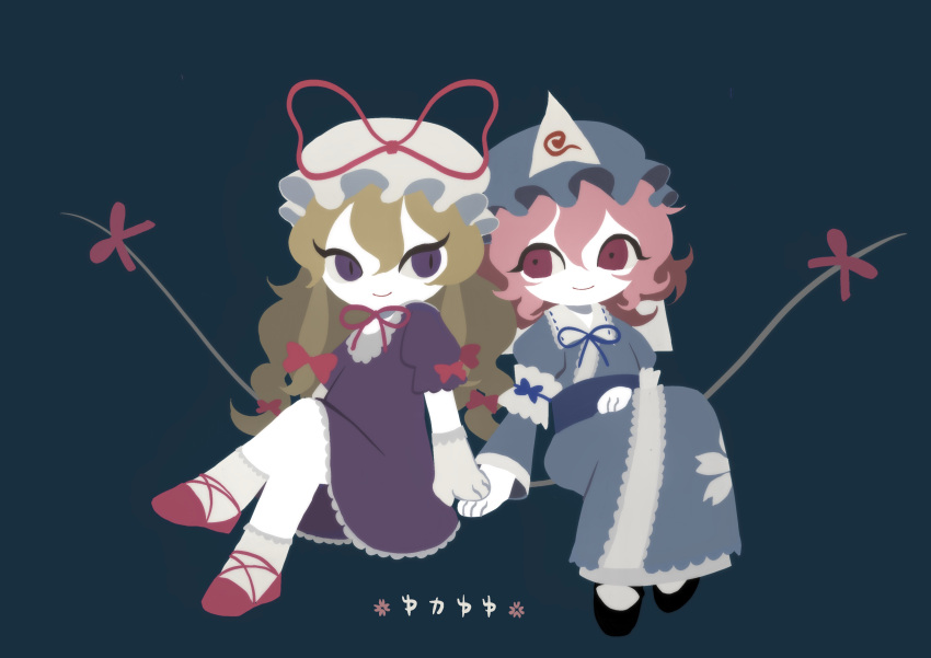 2girls absurdres bangs black_footwear blonde_hair blue_headwear blue_kimono bow chibi choker closed_mouth collar crossed_legs dou_(doudouzi) dress floating floral_print friends frilled_collar frilled_dress frilled_footwear frills gap_(touhou) gloves hair_between_eyes hair_bow hand_on_another's_hand hand_on_lap hat hat_ribbon highres japanese_clothes kimono long_hair looking_at_another looking_to_the_side magenta_eyes mob_cap multiple_girls neck_ribbon obi pink_hair platform_footwear purple_dress red_ribbon ribbon ribbon-trimmed_collar ribbon_choker ribbon_trim saigyouji_yuyuko sash short_sleeves side-by-side sidelocks simple_background sitting slit_pupils smile touhou triangular_headpiece veil very_long_hair violet_eyes white_headwear yakumo_yukari