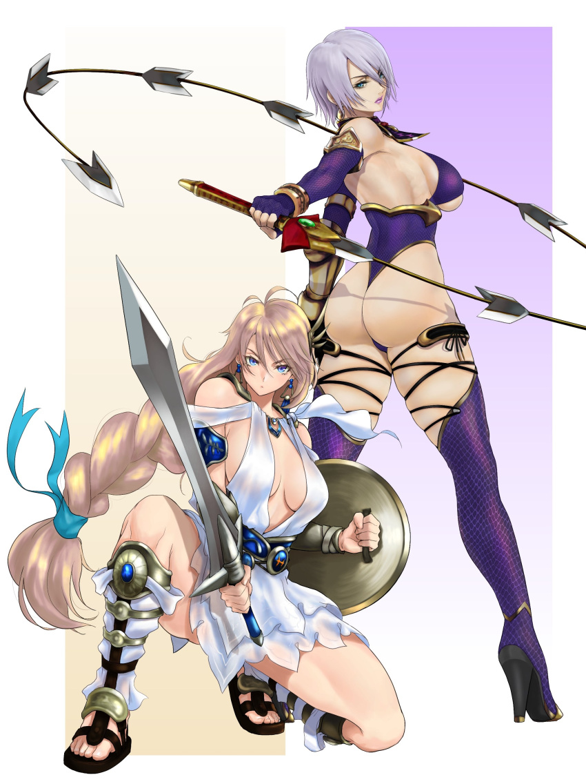 2girls absurdres anagumasan ass bangs blonde_hair blue_eyes boots braid breasts closed_mouth commentary dress earrings elbow_gloves eyebrows_visible_through_hair fingerless_gloves full_body gloves gradient high_heels highleg highleg_leotard highres holding holding_sword holding_weapon isabella_valentine jewelry kneeling large_breasts leotard lips long_hair looking_at_viewer looking_back low-tied_long_hair makeup multiple_girls purple_hair shield short_dress short_hair sideboob simple_background single_braid sophitia_alexandra soulcalibur soulcalibur_v sword thigh-highs thigh_boots thighs tied_hair toeless_footwear weapon white_dress