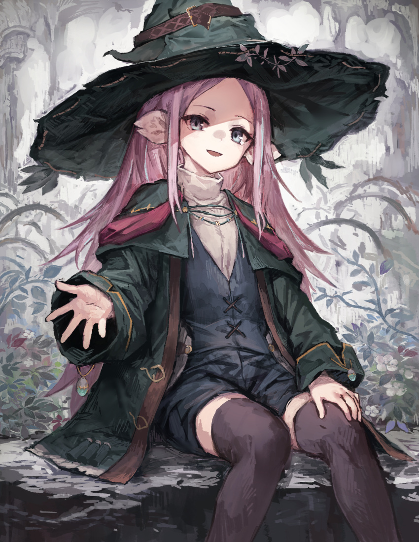 1girl blue_eyes brown_legwear commission flower green_headwear hat hat_belt hat_flower highres long_hair looking_at_viewer open_hand open_mouth original pink_hair plant pointy_ears rock sitting skeb_commission smile solo thigh-highs thorns turtleneck vines white_flower witch witch_hat yanyan_(shinken_gomi)