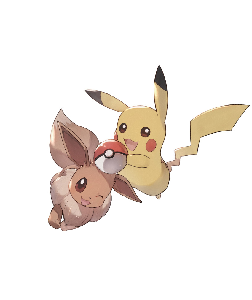 :d absurdres brown_eyes commentary_request eevee gen_1_pokemon highres no_humans odd_(hin_yari) open_mouth paws pikachu poke_ball poke_ball_(basic) pokemon pokemon_(creature) simple_background smile toes tongue white_background