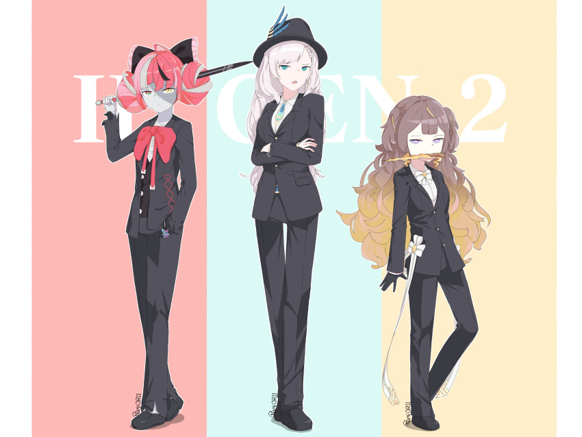 absurdres anya_melfissa bangs blonde_hair bow bowtie brown_hair double_bun formal hair_bow hat heterochromia highres hololive hololive_indonesia kureiji_ollie long_hair looking_at_viewer multicolored_hair multiple_girls namii_(namialus_m) patchwork_skin pavolia_reine red_eyes redhead side_ponytail silver_hair stitched_face suit violet_eyes virtual_youtuber weapon yellow_eyes zombie