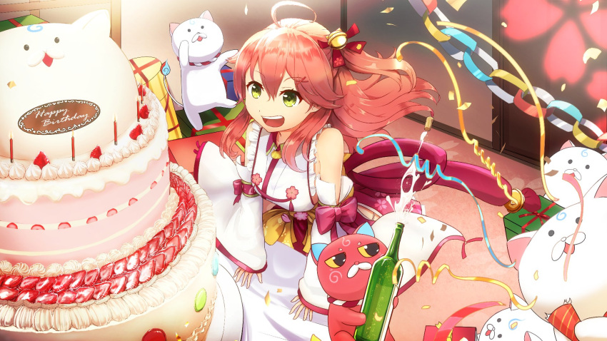 1girl 35p_(sakura_miko) ahoge bare_shoulders bell birthday bottle cake cat cherry_blossom_print confetti detached_sleeves floral_print food gift green_eyes hair_bell hair_ornament hairclip highres hololive indoors kintoki_(sakura_miko) namako_(namacotan) open_mouth pink_hair sakura_miko solid_circle_eyes upper_teeth virtual_youtuber wine_bottle x_hair_ornament