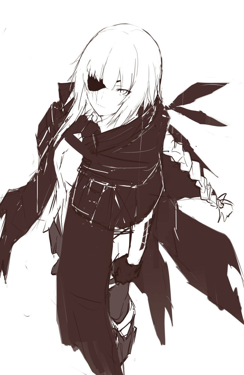 1girl absurdres black_cloak black_eyepatch black_gloves black_neckwear black_pants braid cloak closed_mouth eyebrows_visible_through_hair eyepatch ff_frbb122 from_above girls_frontline gloves greyscale highres long_braid long_hair looking_at_viewer m16a1_(girls_frontline)_(boss) monochrome necktie pants ponytail scar scar_across_eye serious shirt simple_background solo standing white_background white_shirt