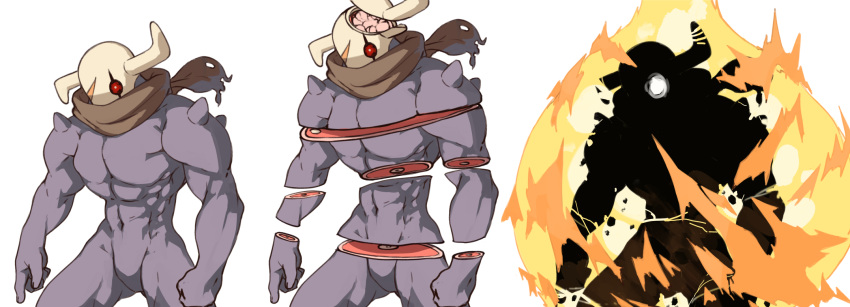 brain brown_scarf burning death fantasy fire highres horns monster muscular muscular_male navel original red_eyes scar scar_on_face scarf simple_background spikes torn torn_clothes torn_scarf vins-mousseux white_background