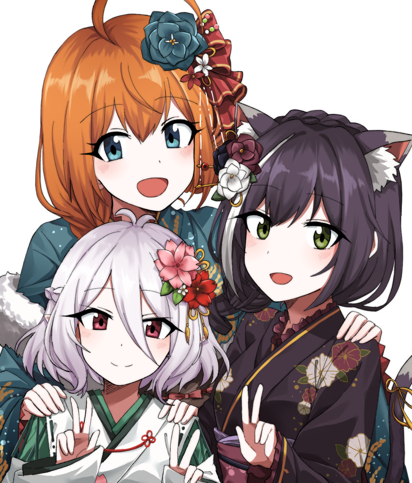 3girls ahoge animal_ear_fluff animal_ears black_hair black_kimono blue_eyes blue_flower braid braided_ponytail cat_ears cat_tail double_v eyebrows_visible_through_hair feather_boa floral_print flower french_braid green_eyes green_kimono hair_between_eyes hair_flower hair_ornament hair_ribbon hand_on_another's_shoulder highres japanese_clothes karyl_(princess_connect!) kimono kokkoro_(princess_connect!) lix long_hair medium_hair multicolored_hair multiple_girls orange_hair pecorine_(princess_connect!) pink_flower pointy_ears princess_connect! princess_connect!_re:dive purple_flower red_flower ribbon silver_hair simple_background smile streaked_hair tail v violet_eyes white_background white_flower white_kimono