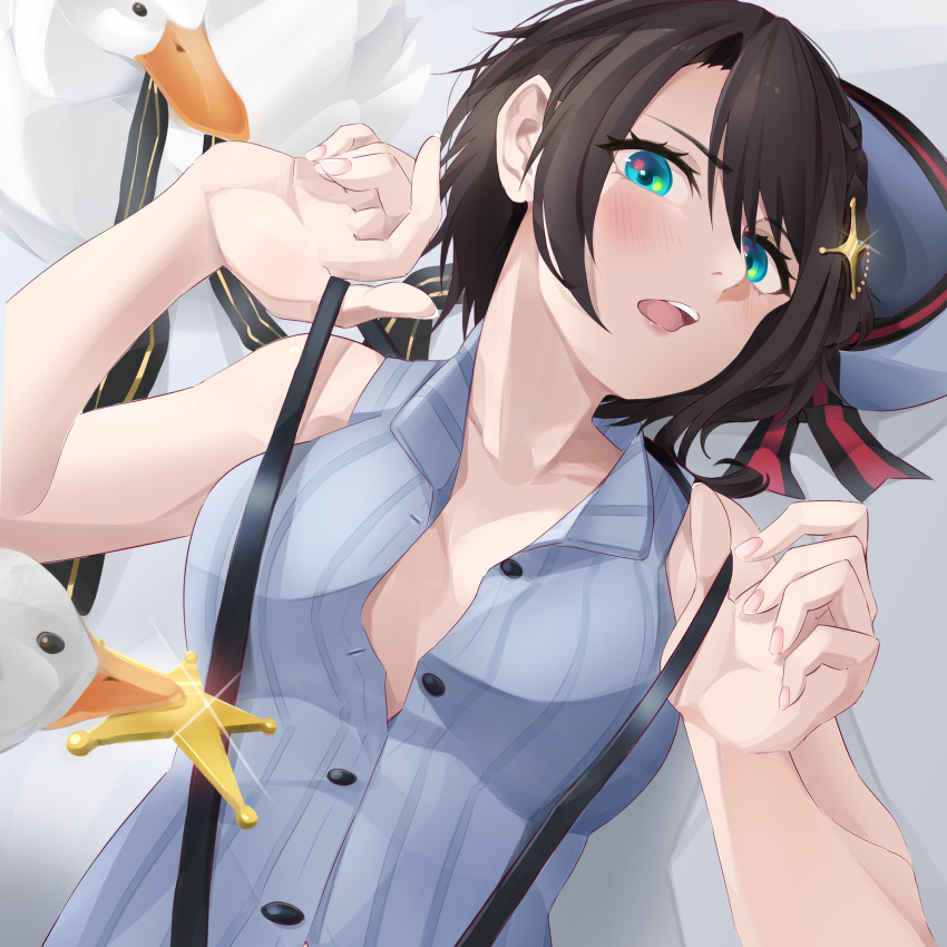 1girl absurdres angruoxin beret bird blush bob_cut breasts brown_hair collarbone duck eyelashes fingernails green_eyes grey_shirt hair_ornament hands_up hat hat_removed hat_ribbon headwear_removed highres hololive lips looking_at_viewer lying medium_breasts on_back on_bed oozora_subaru open_mouth partially_unbuttoned ribbon sheriff_badge shirt short_hair sleeveless sleeveless_shirt solo star_(symbol) star_hair_ornament striped striped_ribbon striped_shirt suspenders_pull vertical-striped_shirt vertical_stripes virtual_youtuber