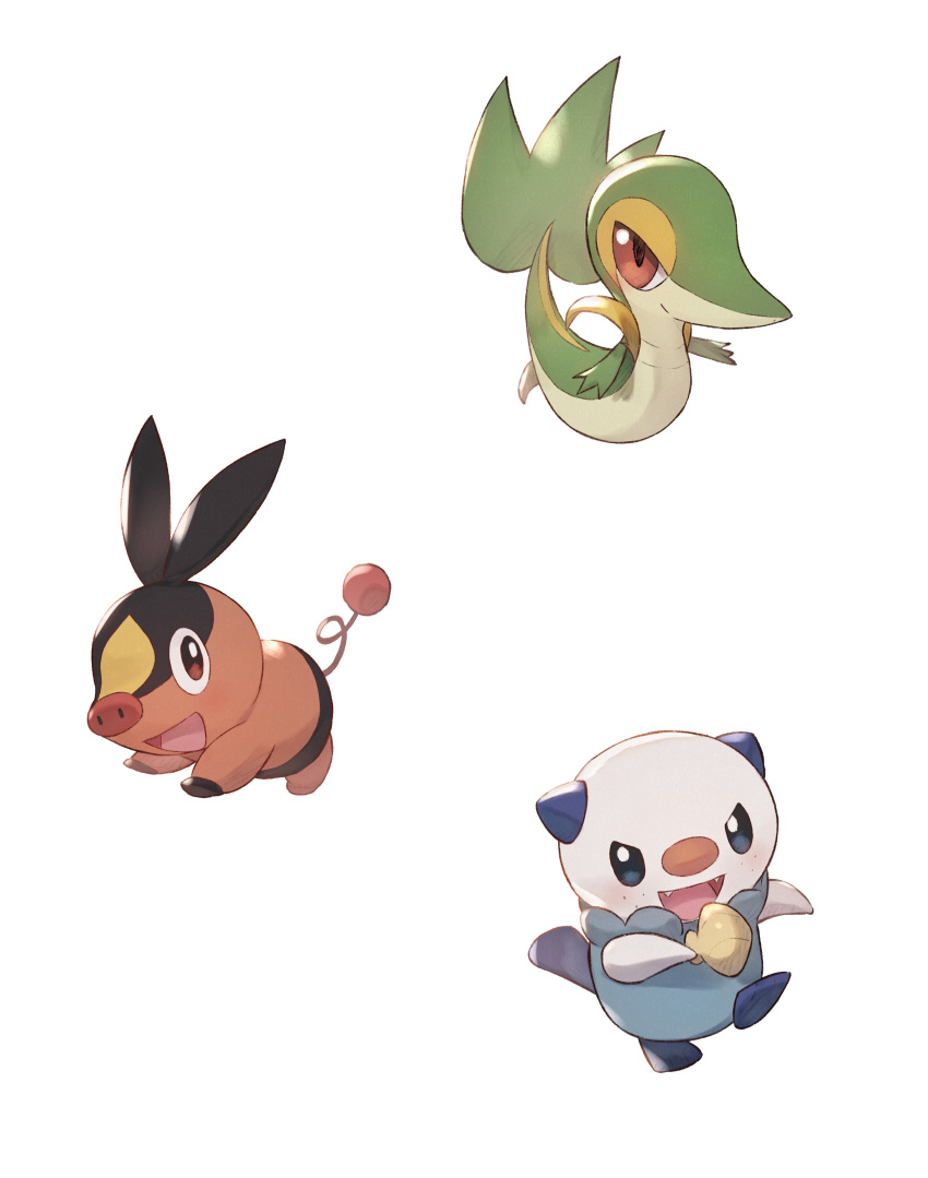 :d absurdres blush brown_eyes closed_mouth commentary_request fangs gen_5_pokemon highres looking_at_viewer no_humans odd_(hin_yari) open_mouth oshawott pokemon pokemon_(creature) simple_background smile snivy starter_pokemon_trio tepig tongue white_background