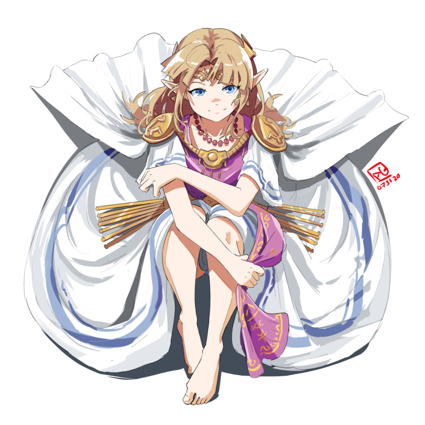 1girl armor automatic_giraffe barefoot blue_eyes brown_hair cape circlet dress forehead_jewel from_above full_body jewelry long_dress long_hair looking_at_viewer necklace pauldrons pearl_necklace pelvic_curtain_aside pointy_ears princess_zelda shoulder_armor sitting smile solo the_legend_of_zelda the_legend_of_zelda:_a_link_between_worlds toes white_background white_cape