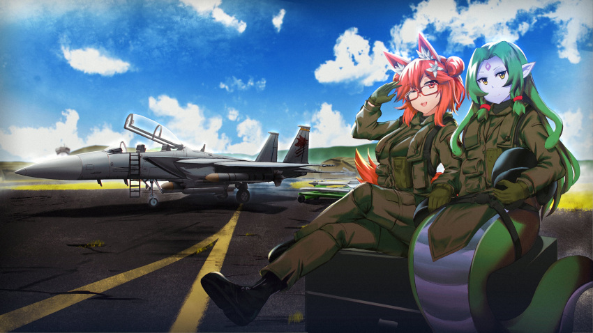 2girls ;d absurdres aircraft airplane animal_ears blue_skin blue_sky boots closed_mouth clouds colored_skin commission echidna_(monster_girl_encyclopedia) elysia_watanabe fox_ears fox_girl fox_tail glasses gloves green_hair helmet highres holding holding_helmet horizon lamia long_hair long_sleeves monster_girl monster_girl_encyclopedia multiple_girls one_eye_closed open_mouth original pants persocon93 pointy_ears red_eyes redhead second-party_source short_hair sitting sky smile snake_hair tail uniform yellow_eyes