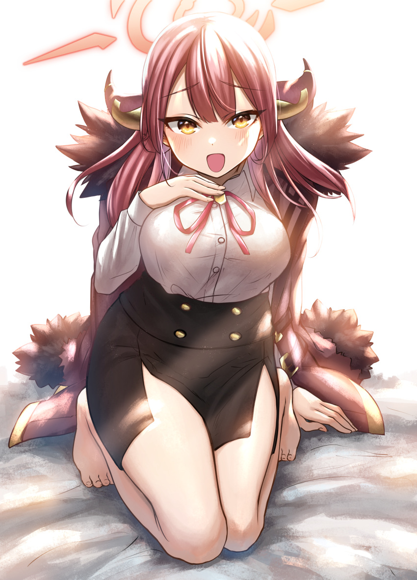 1girl :d absurdres akky_(akimi1127) arm_support aru_(blue_archive) bangs bed_sheet black_skirt blue_archive blush breasts brown_eyes brown_jacket collared_shirt commentary_request curled_horns dress_shirt eyebrows_visible_through_hair fur-trimmed_jacket fur_trim halo hand_on_own_chest hand_up highres horns jacket jacket_on_shoulders kneeling long_hair long_sleeves looking_at_viewer medium_breasts neck_ribbon open_mouth red_ribbon redhead ribbon shirt skirt smile solo white_background white_shirt
