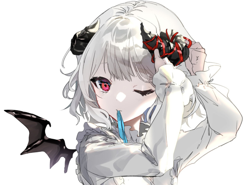 1girl bangs black_horns black_wings blue_ribbon closed_mouth commentary_request demon_horns demon_wings eyebrows_behind_hair frilled_shirt_collar frilled_sleeves frills horn_ornament horn_ribbon horns indie_virtual_youtuber long_sleeves mouth_hold one_eye_closed ookami_haruki_(artist) red_eyes red_ribbon ribbon shirt short_hair simple_background solo symbol_commentary tying upper_body virtual_youtuber wavy_hair white_background white_hair white_shirt wings yonaki_latte
