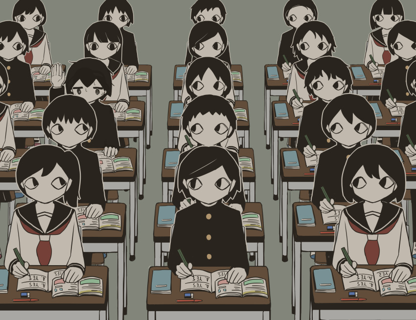 6+boys 6+girls @_@ absurdres avogado6 bangs black_hair black_jacket book buttons classroom commentary desk eraser gakuran grey_background hand_up highres holding holding_pen jacket long_hair looking_at_another multiple_boys multiple_girls o_o open_book original parted_bangs pen pencil ponytail school_uniform shirt short_hair simple_background sitting sweat swept_bangs upper_body wavy_hair white_shirt wide-eyed