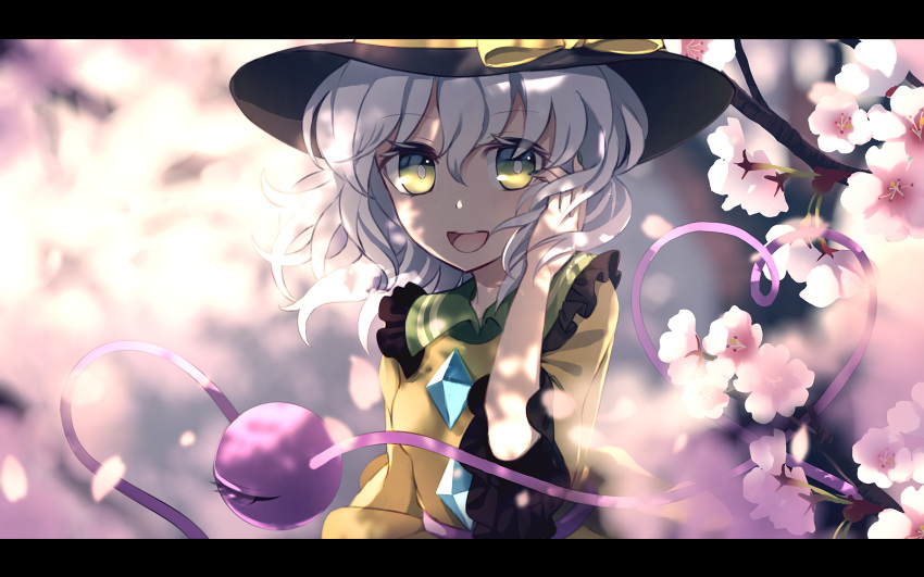 1girl :d black_headwear blurry blurry_background bright_pupils cherry_blossoms commentary_request dise eyeball flower green_eyes hat highres komeiji_koishi letterboxed light_green_hair medium_hair open_mouth pink_flower smile solo third_eye touhou upper_body