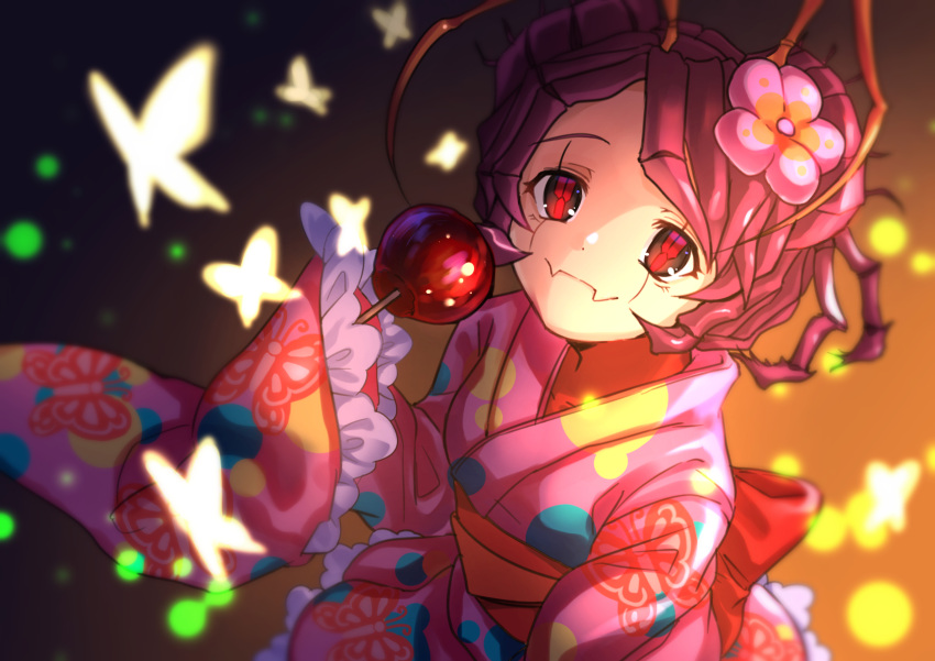 1girl animal_print antennae back_bow black_eyes bow bug butterfly butterfly_print candy_apple closed_mouth collarbone entoma_vasilissa_zeta fangs flower food hair_flower hair_ornament highres holding holding_food insect japanese_clothes kimono long_sleeves obi overlord_(maruyama) pink_flower pink_kimono poppu print_kimono purple_hair red_bow sash shiny shiny_hair short_hair sleeves_past_fingers sleeves_past_wrists slit_pupils solo yukata