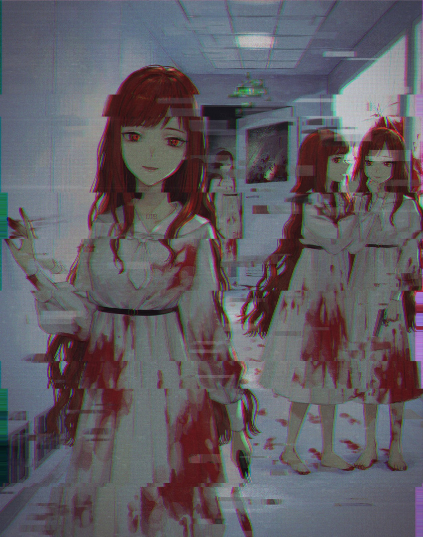 4girls barefoot blood blood_on_face blood_stain blood_trail bloody_clothes bloody_handprints bloody_hands bloody_knife bloody_weapon chromatic_aberration closed_mouth crack door dress exit_sign footprints glass glitch gun handgun highres holding holding_gun holding_knife holding_weapon horror_(theme) indoors knife long_hair looking_at_viewer multiple_girls nanaju_ko number open_door open_mouth orange_hair original parted_lips red_eyes smile talking weapon whispering white_dress white_neckwear