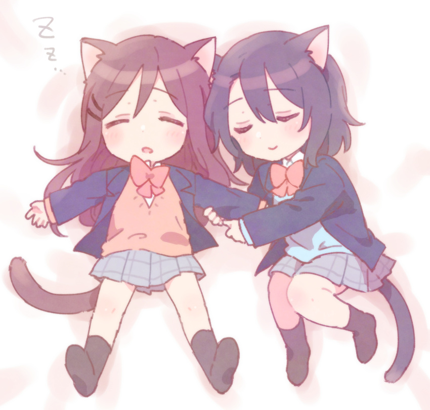 2girls absurdres adachi_sakura adachi_to_shimamura animal_ears arm_hug bangs black_hair black_legwear blazer blue_jacket blue_sweater blush bow brown_hair brown_sweater cat_ears cat_girl cat_tail chibi closed_eyes closed_mouth collared_shirt eyebrows_visible_through_hair grey_skirt hair_between_eyes hair_ornament hairclip highres jacket kemonomimi_mode long_hair long_sleeves lying multiple_girls no_shoes on_back open_blazer open_clothes open_jacket parted_lips pleated_skirt red_bow school_uniform shimamura_hougetsu shirt skirt sleeping sleeves_past_wrists smile socks sorimachi-doufu sweater tail very_long_hair white_shirt zzz