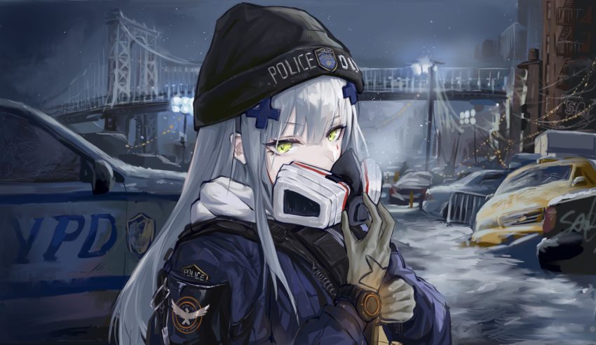 1girl absurdres adjusting_clothes adjusting_gloves adjusting_mask agent_416_(girls_frontline) bangs black_headwear bridge building car coat commentary english_text eyebrows_visible_through_hair girls_frontline gloves glowing green_eyes ground_vehicle hair_ornament highres hk416_(girls_frontline) lamppost long_hair motor_vehicle outdoors police police_car police_uniform respirator sawkm signature silver_hair snow solo taxi tom_clancy's_the_division uniform upper_body