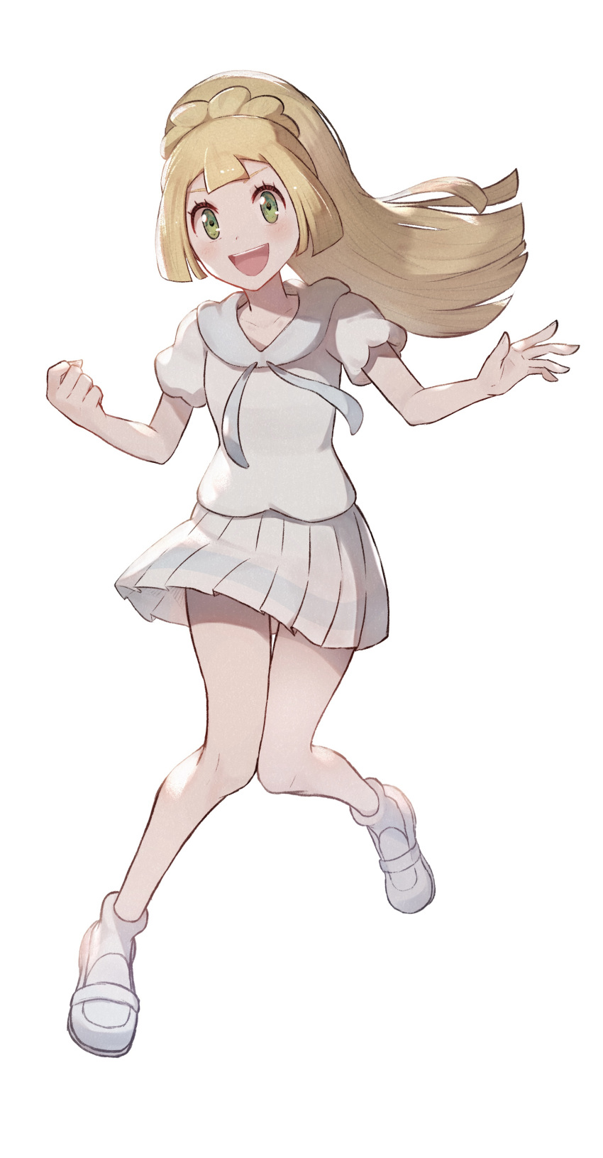 1girl :d absurdres bangs blonde_hair blush clenched_hand commentary_request eyelashes floating_hair full_body green_eyes hands_up highres lillie_(pokemon) long_hair looking_at_viewer odd_(hin_yari) open_mouth pleated_skirt pokemon pokemon_(game) pokemon_sm shirt shoes short_sleeves simple_background skirt smile solo teeth tongue white_background white_footwear white_skirt