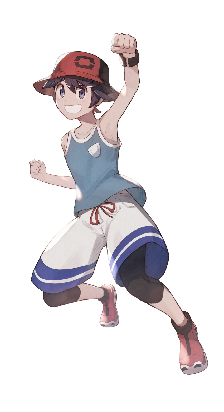1boy absurdres arm_up armpits bangs black_hair clenched_hands clenched_teeth commentary_request elio_(pokemon) full_body grey_eyes grin hair_between_eyes hat highres leggings male_focus odd_(hin_yari) pokemon pokemon_(game) pokemon_usum red_footwear red_headwear shoes short_hair shorts simple_background smile solo tank_top teeth white_background