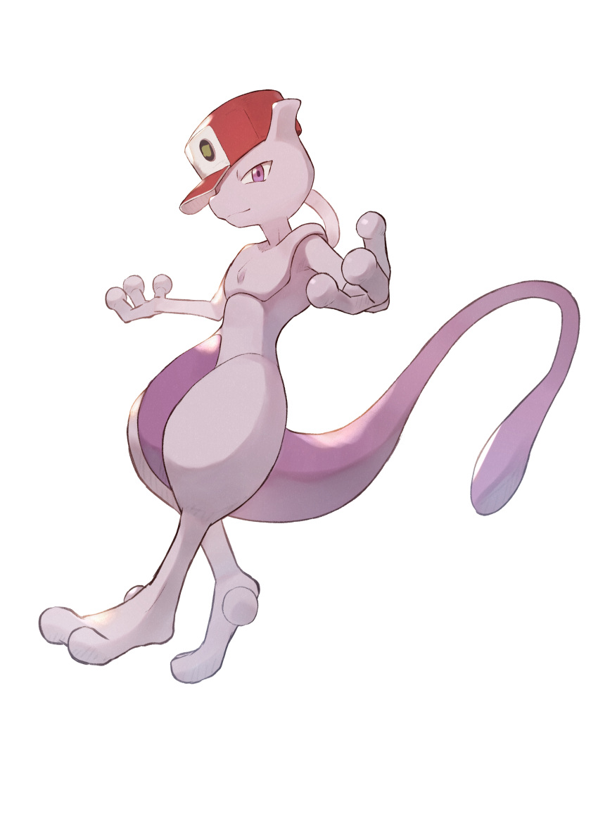 absurdres badge baseball_cap closed_mouth commentary_request full_body gen_1_pokemon hat hatted_pokemon highres legendary_pokemon mewtwo no_humans odd_(hin_yari) outstretched_arms pokemon pokemon_(creature) red_headwear smile solo toes violet_eyes