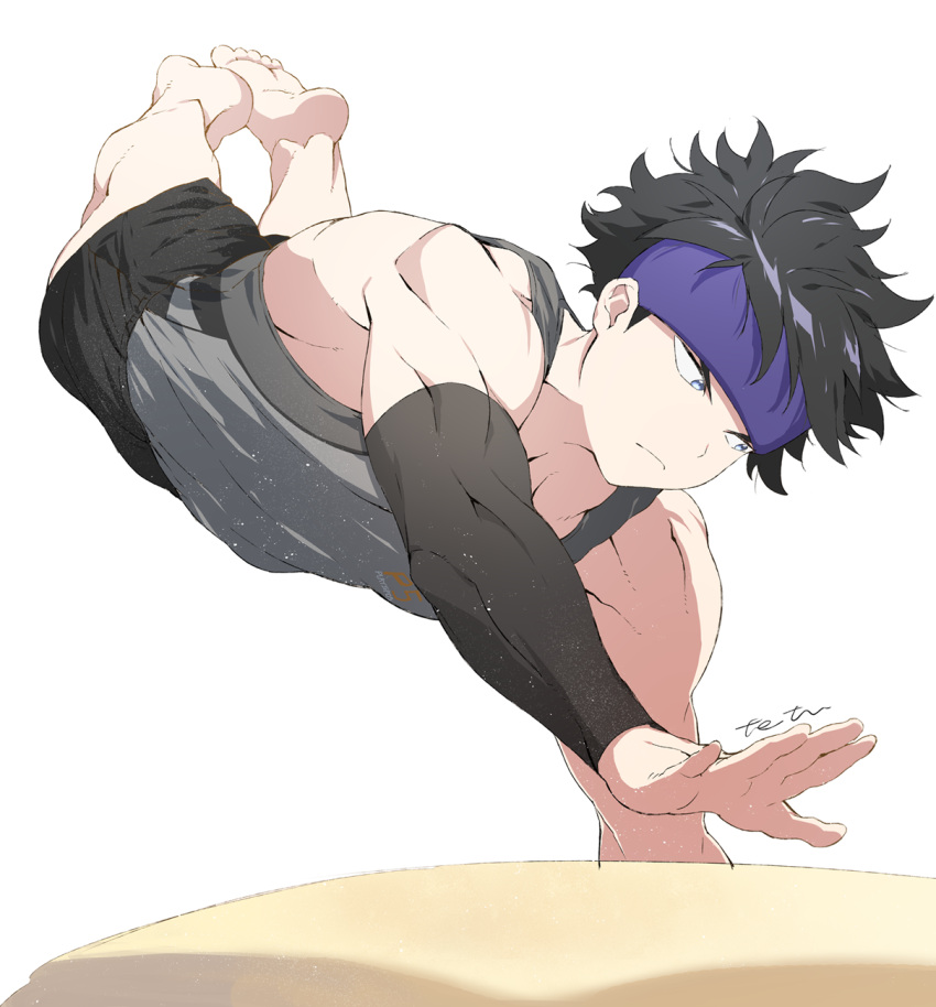 1boy arm_warmers artist_name barefoot black_hair black_shorts blue_eyes blue_headband gym_uniform gymnastics headband highres male_focus messy_hair minamino_tetsuo shorts sleeveless solo taiso_samurai tetsu_(teppei) vaulting_horse white_background