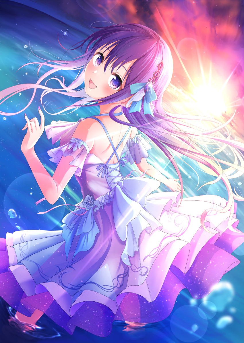 1girl :d absurdres blue_bow blue_ribbon blush bow detached_sleeves dress floating_hair hair_bow hair_ornament highres irohvs layered_dress long_hair looking_at_viewer open_mouth original outdoors purple_hair ribbon short_sleeves shoulder_blades sleeveless sleeveless_dress smile solo very_long_hair violet_eyes wading white_dress