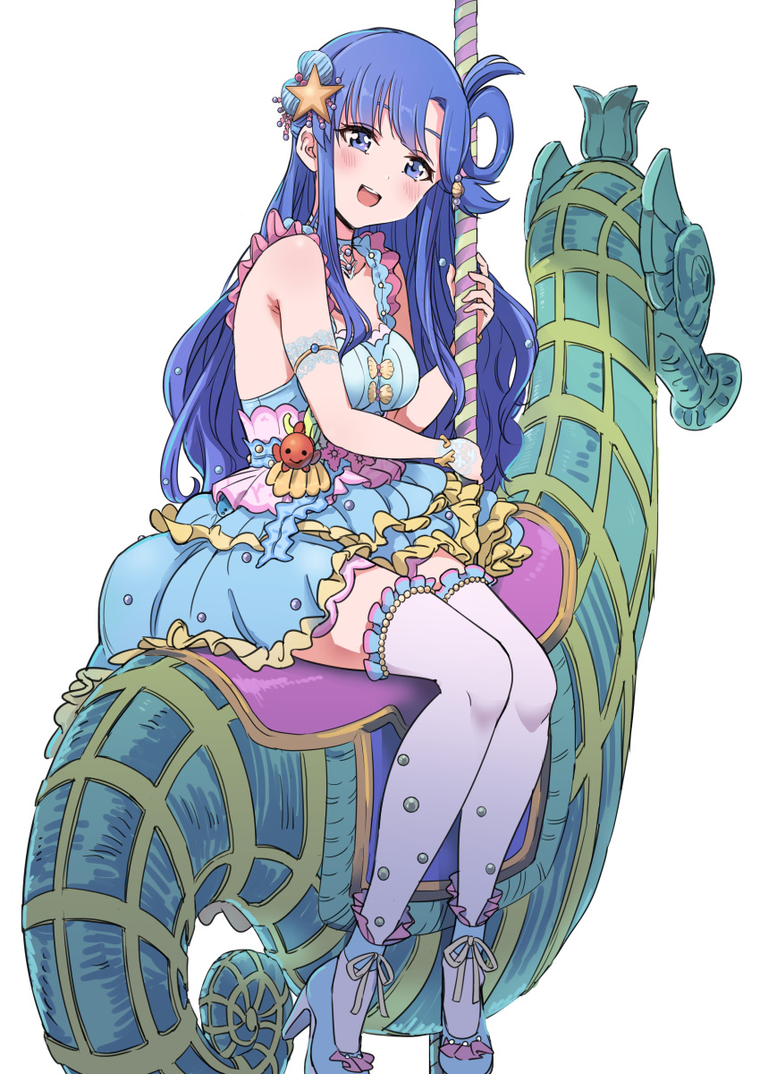 1girl :d absurdres asari_nanami bangs bare_shoulders blue_dress blue_eyes blue_footwear blue_hair breasts carousel commentary dress eyebrows_behind_hair frilled_dress frills hair_rings hand_up high_heels highres idolmaster idolmaster_cinderella_girls idolmaster_cinderella_girls_starlight_stage long_hair looking_at_viewer medium_breasts open_mouth parted_bangs pizzasi seahorse shell_hair_ornament shoes simple_background sitting sleeveless sleeveless_dress smile solo starfish_hair_ornament thigh-highs very_long_hair white_background white_legwear