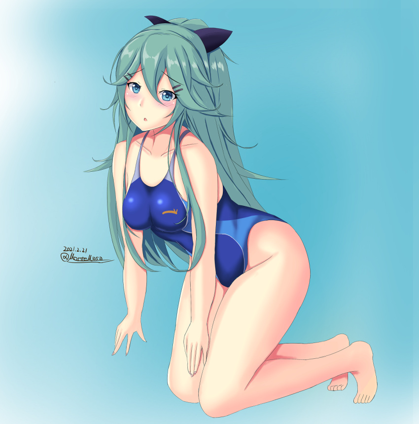 1girl all_fours bangs barefoot black_ribbon blue_background blue_swimsuit breasts competition_swimsuit dated green_eyes green_hair hair_between_eyes hair_ornament hair_ribbon hairclip highres kantai_collection long_hair montemasa one-piece_swimsuit parted_bangs ponytail ribbon sidelocks small_breasts solo swimsuit twitter_username yamakaze_(kancolle)