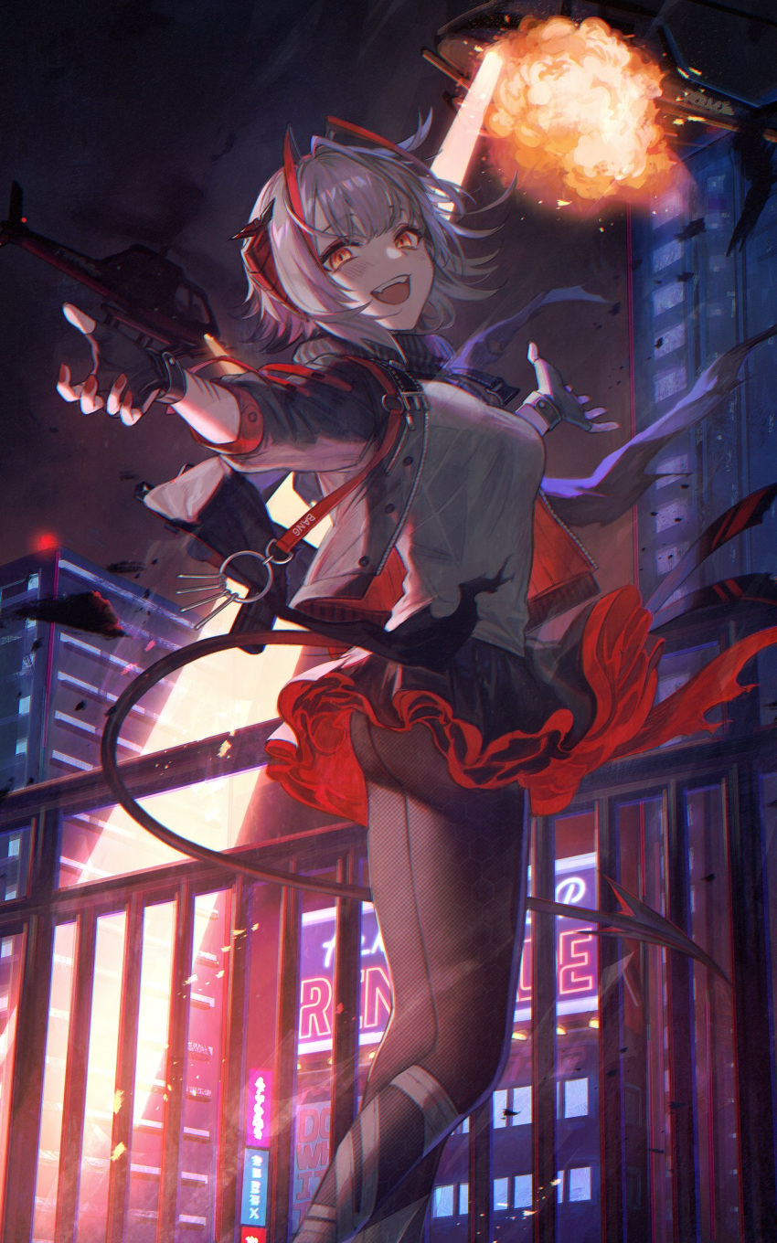 1girl arknights bangs black_gloves black_jacket black_legwear black_skirt breasts building demon_tail explosion feet_out_of_frame fingerless_gloves gloves highres horns jacket ji_mag_(artist) miniskirt nail_polish neon_lights night open_clothes open_jacket open_mouth orange_eyes outdoors outstretched_arms pantyhose railing red_nails scar_on_arm searchlight shirt short_hair silver_hair skirt smile solo spread_arms tail w_(arknights)