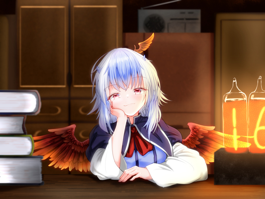 1girl arm_rest besuteia bird_wings blue_capelet blue_dress blue_hair blurry blurry_background book book_stack boombox bow bowtie capelet commentary_request dress elbows_on_table feathered_wings hand_on_own_face head_tilt head_wings highres horns indoors long_sleeves looking_at_viewer multicolored_hair nixie_tube red_eyes red_neckwear single_head_wing smile solo table tokiko_(touhou) touhou two-tone_hair upper_body wardrobe white_hair white_sleeves wings