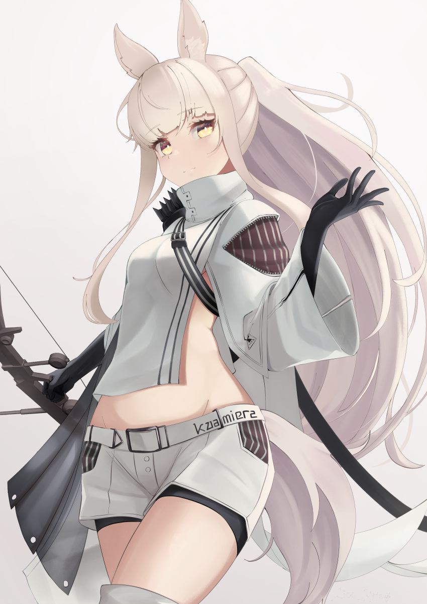 1girl absurdres animal_ears arknights bangs black_gloves breasts commentary_request cowboy_shot crop_top eyebrows_visible_through_hair gloves grey_background hand_up high_collar highres hitsuji_no_rice jacket long_hair long_sleeves looking_at_viewer midriff platinum_(arknights) short_shorts shorts silver_hair simple_background small_breasts solo standing tail very_long_hair white_jacket white_shorts wide_sleeves yellow_eyes