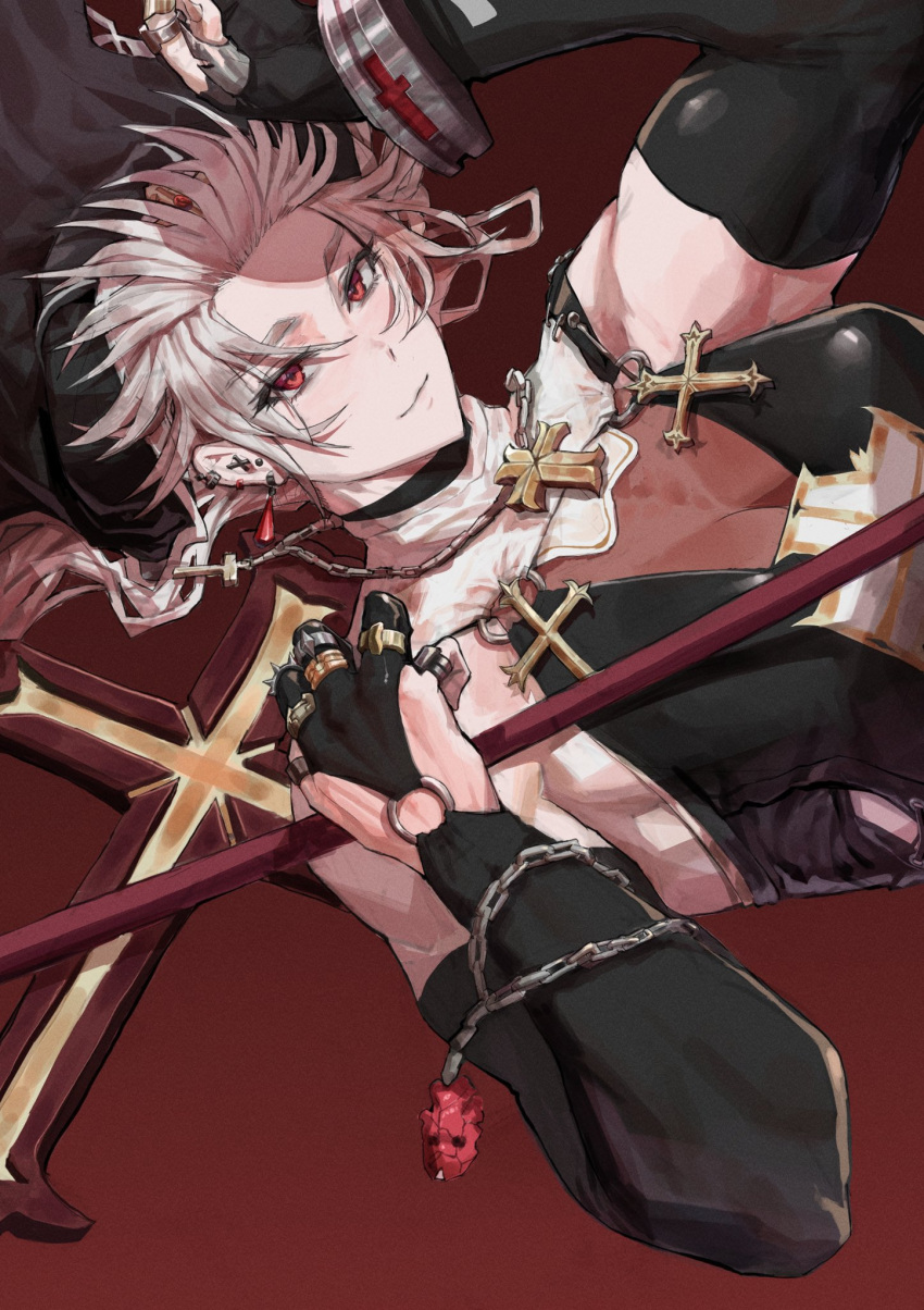 1girl airpro033 black_dress blonde_hair breasts catholic cross cross_necklace dorohedoro dress earrings highres jewelry large_breasts long_hair looking_at_viewer muscular muscular_female necklace noi_(dorohedoro) nun red_eyes robe safety_pin simple_background solo white_hair