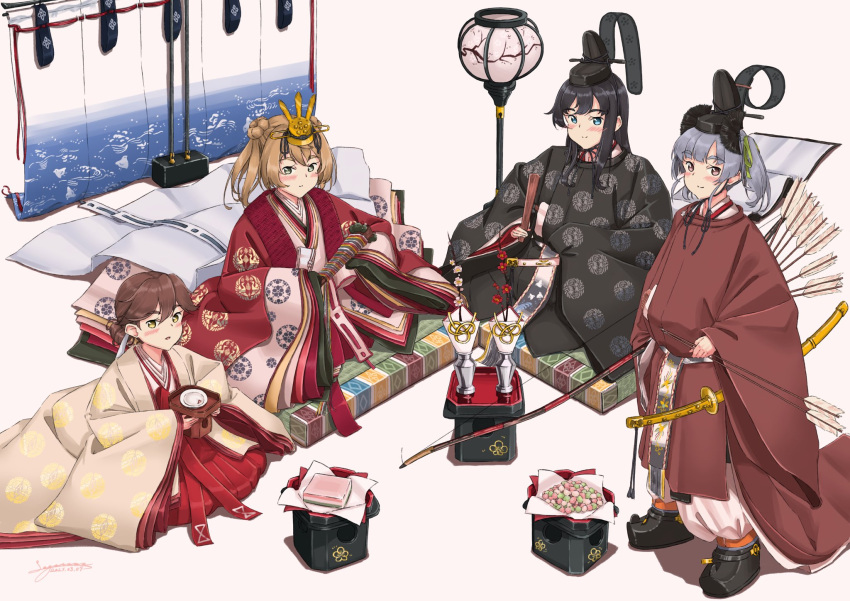 arare_(food) arashio_(kancolle) asashio_(kancolle) black_hair blue_eyes boots bow brown_eyes brown_hair double_bun fan folding_fan folding_screen grey_hair hat highres hina_ningyou hishimochi japanese_clothes kantai_collection karaginu_mo katana kimono lamp layered_clothing layered_kimono light_brown_hair long_hair michishio_(kancolle) ooshio_(kancolle) sagoromo_04 saishi seiza short_twintails sitting standing sword tate_eboshi thick_eyebrows twintails weapon yellow_eyes yumi_(bow)